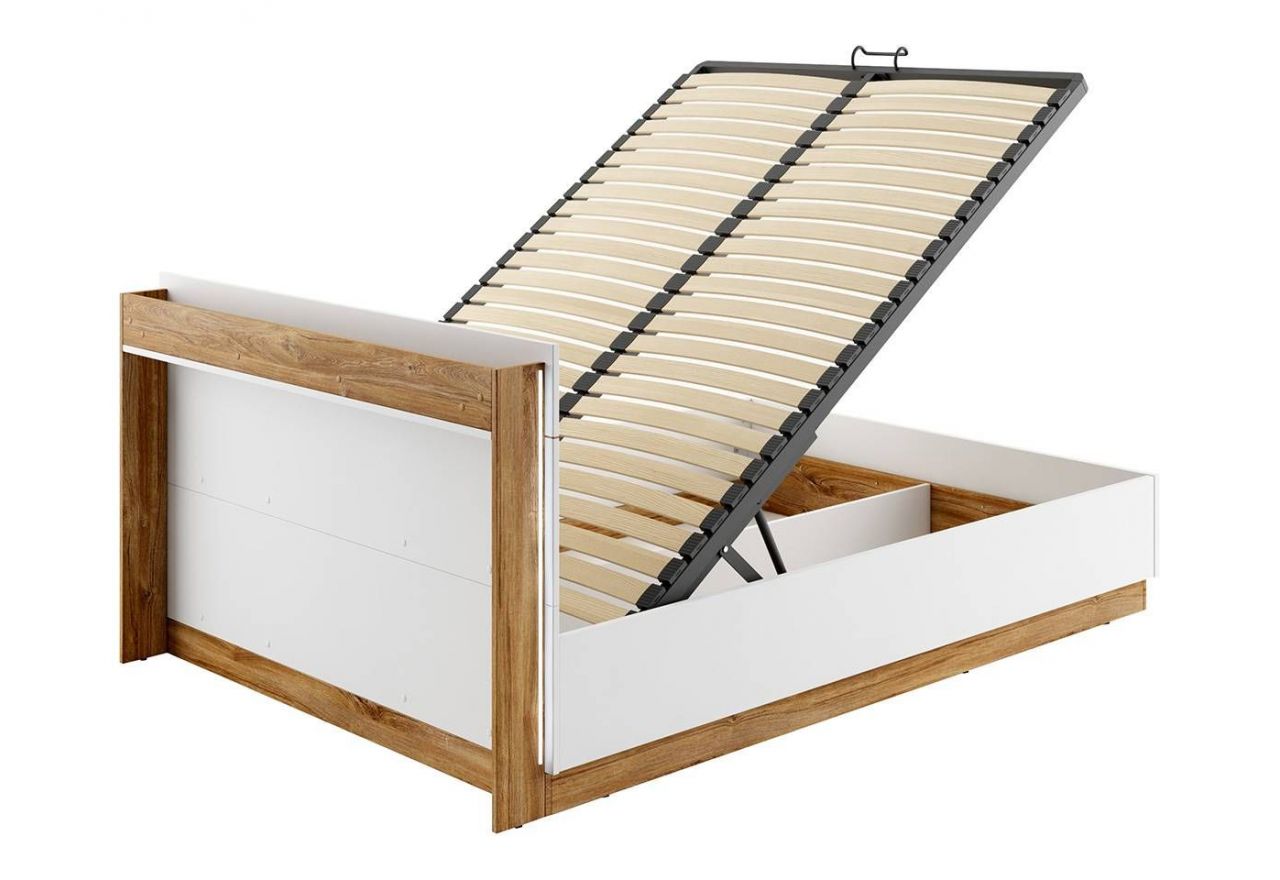 Dwuosobowe białe łóżko 160x200 do sypialni z pojemnikiem na pościel, oświetleniem LED i półką w wezgłowiu - DEDIRI