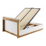 Dwuosobowe białe łóżko 160x200 do sypialni z pojemnikiem na pościel, oświetleniem LED i półką w wezgłowiu - DEDIRI