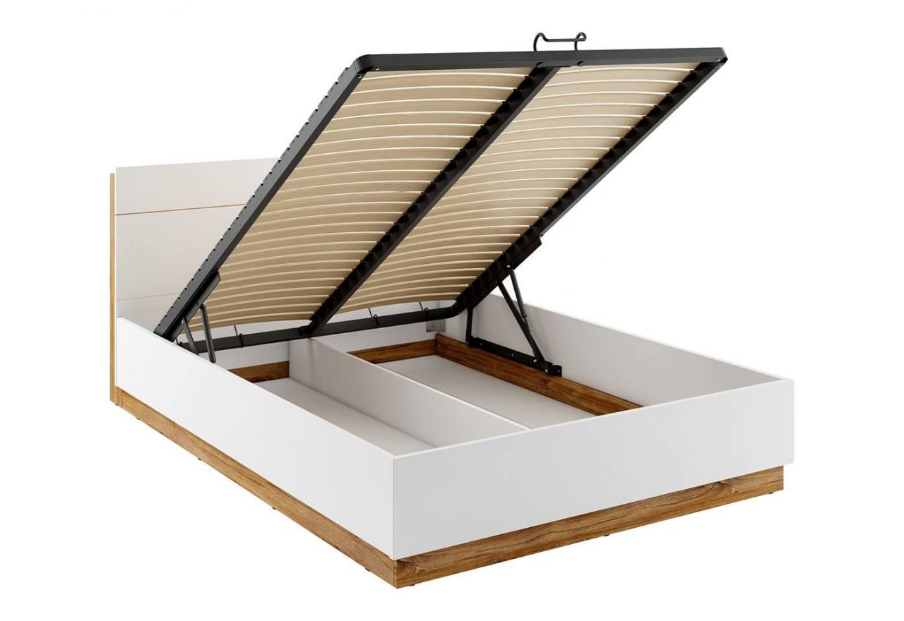 Dwuosobowe białe łóżko 160x200 do sypialni z pojemnikiem na pościel, oświetleniem LED i półką w wezgłowiu - DEDIRI