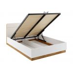 Dwuosobowe białe łóżko 160x200 do sypialni z pojemnikiem na pościel, oświetleniem LED i półką w wezgłowiu - DEDIRI