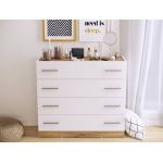 Biała komoda na ubranie 100 cm DEDIRI do sypialni, pojemna z 4 szufladami i eleganckimi uchwytami, dąb stirling