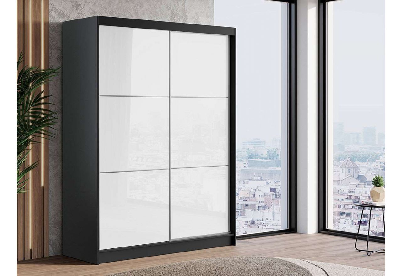 Czarna szafa WALENCJA z gustownym, białym szkłem lacobel na froncie i funkcjonalnie zaprojektowanym wnętrzem, 160 cm