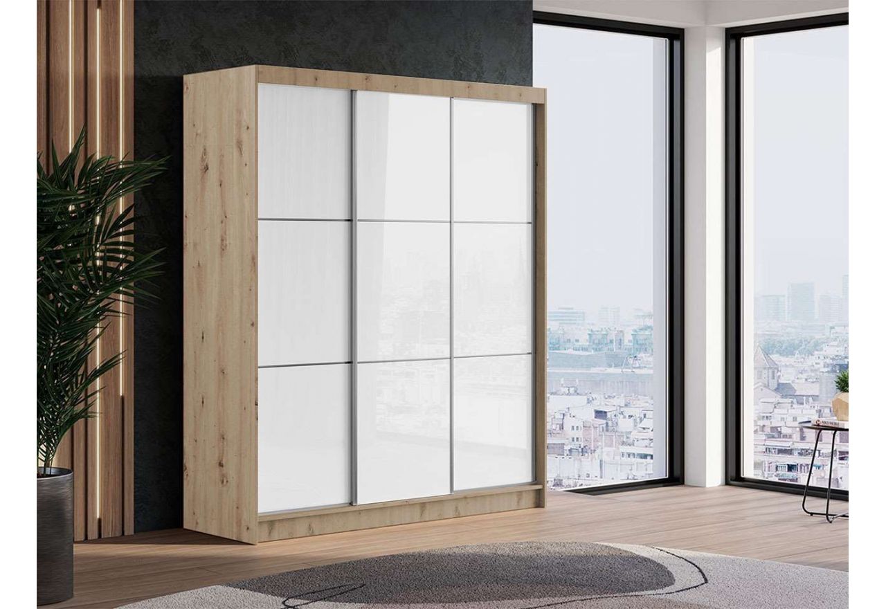 Szafa trzydrzwiowa z dwiema szufladami, lustrem i białym szkłem lacobel, WALENCJA 180 cm  w kolorze dąb artisan