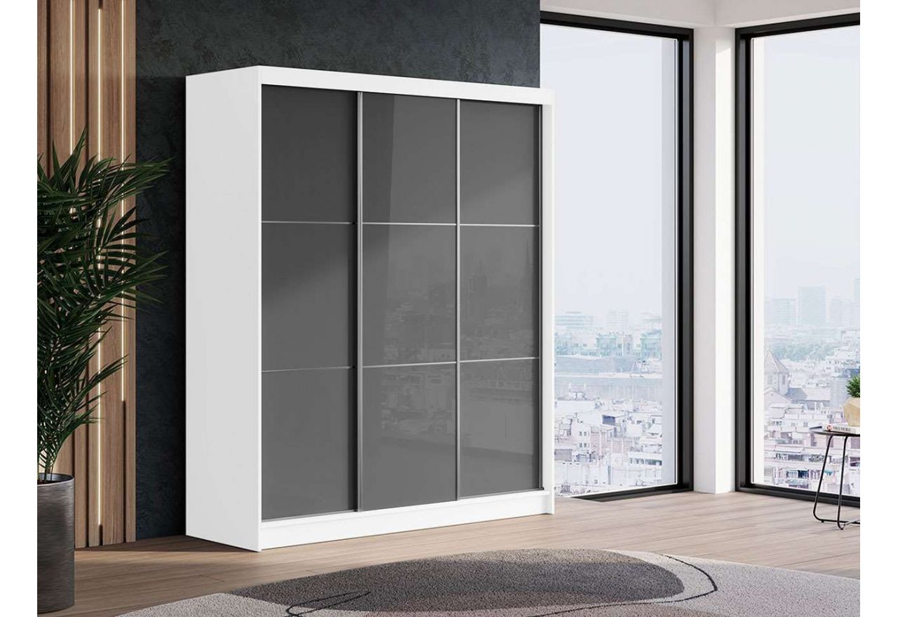 Biała szafa przesuwna z ergonomicznym wnętrzem, WALENCJA 180 cm, z szarym szkłem lacobel na frontach