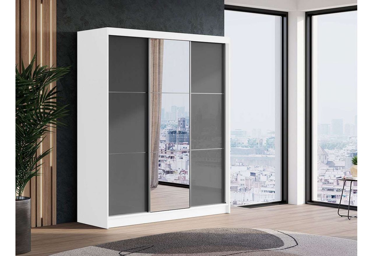 Biała szafa z lustrem i przesuwnymi drzwiami, WALENCJA 180 cm, z szarym szkłem lacobel na froncie