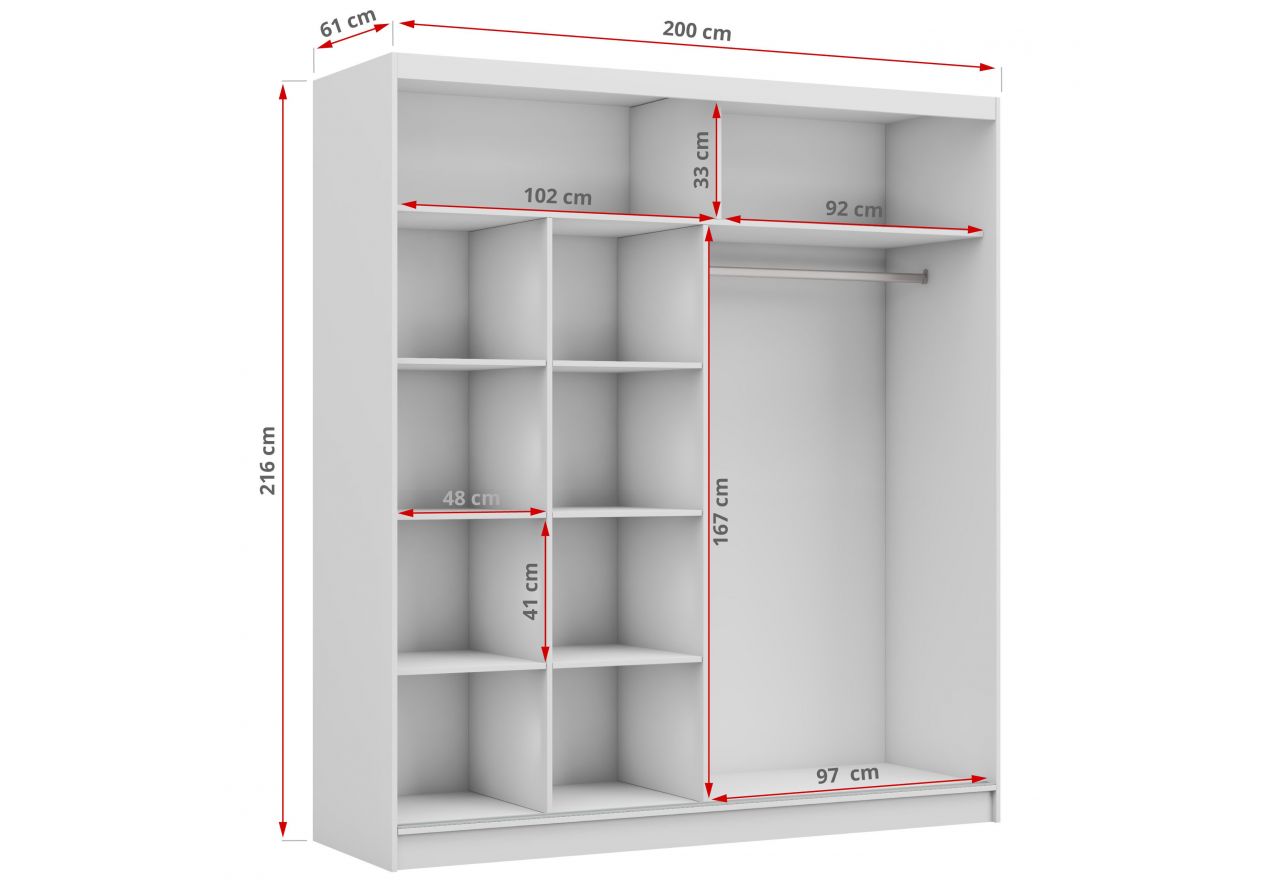 Przesuwna szafa dwudrzwiowa, z lustrem i opcją LED, WALENCJA 200, biała, z szarym szkłem lacobel