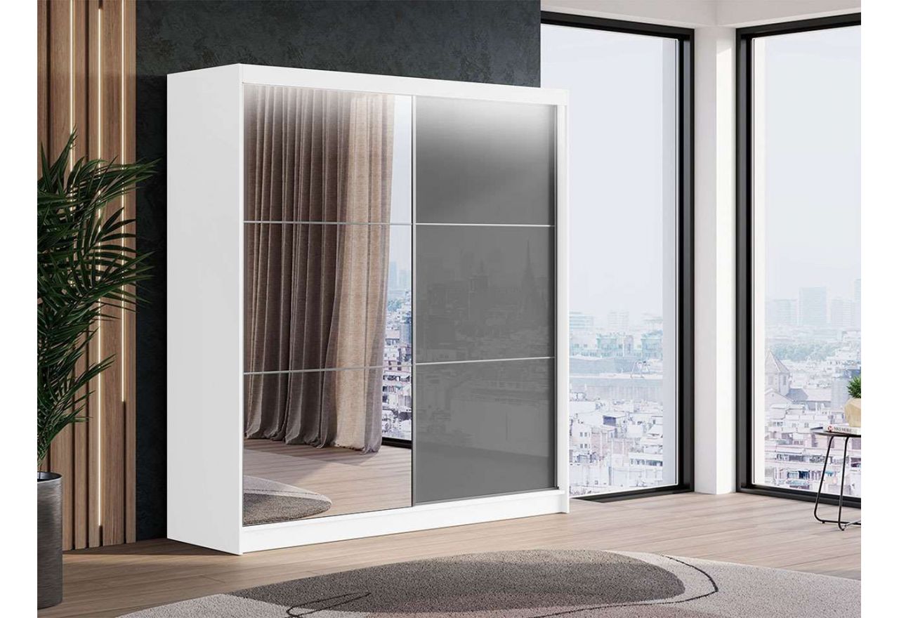 Przesuwna szafa dwudrzwiowa, z lustrem i opcją LED, WALENCJA 200, biała, z szarym szkłem lacobel