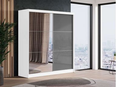 Przesuwna szafa dwudrzwiowa, z lustrem i opcją LED, WALENCJA 200, biała, z szarym szkłem lacobel