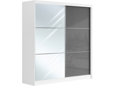 Przesuwna szafa dwudrzwiowa, z lustrem i opcją LED, WALENCJA 200, biała, z szarym szkłem lacobel