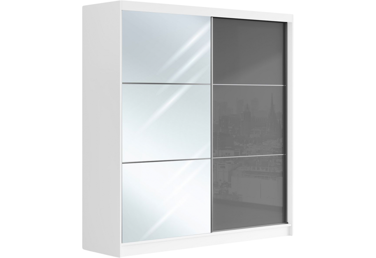 Przesuwna szafa dwudrzwiowa, z lustrem i opcją LED, WALENCJA 200, biała, z szarym szkłem lacobel