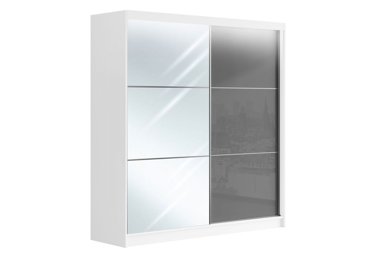 Przesuwna szafa dwudrzwiowa, z lustrem i opcją LED, WALENCJA 200, biała, z szarym szkłem lacobel