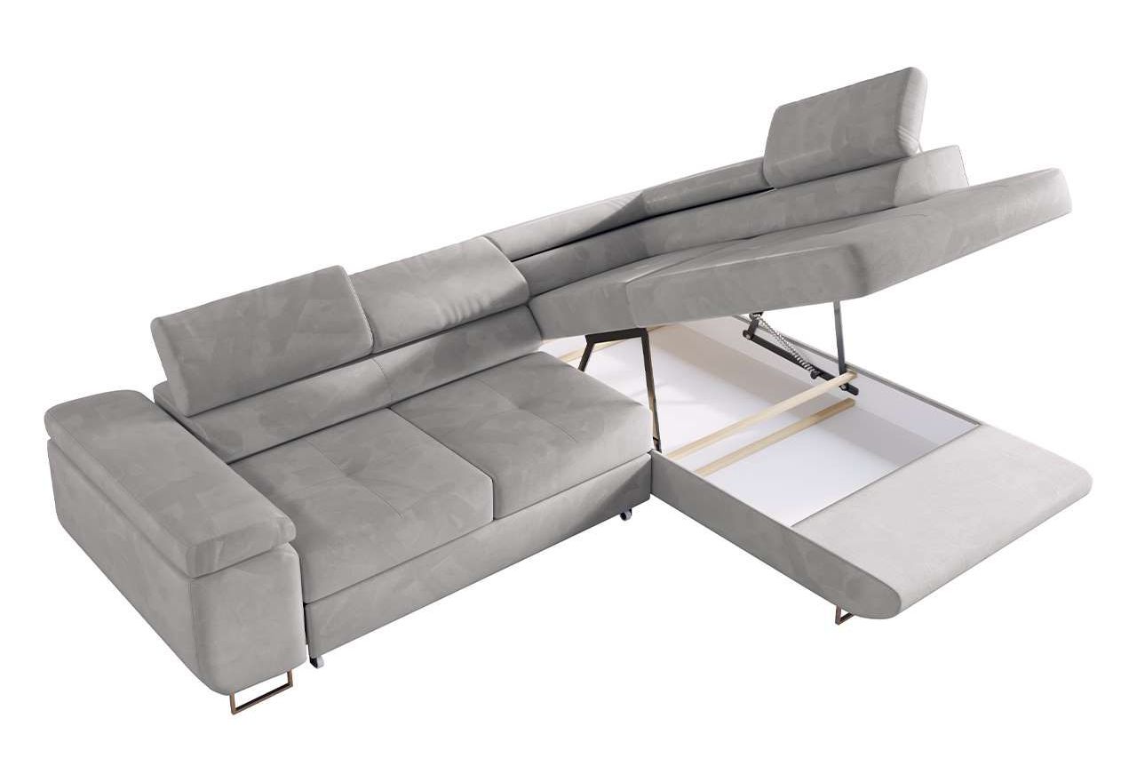 Duży narożnik o nowoczesnym wyglądzie do salonu z funkcją spania, sprężyny faliste premium - GUSTAW szary - OUTLET