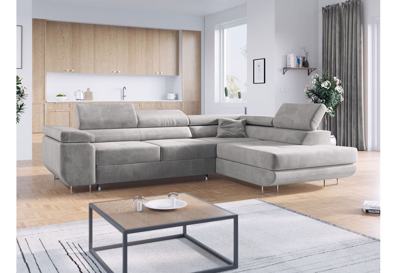Duży narożnik o nowoczesnym wyglądzie do salonu z funkcją spania, sprężyny faliste premium - GUSTAW szary - OUTLET