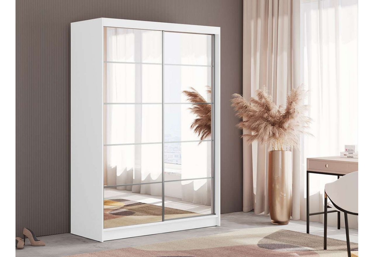 Biała szafa dwudrzwiowa, FLORENCJA 150 cm, z przesuwnymi drzwiami ozdobionymi dużymi, lustrzanymi powierzchniami