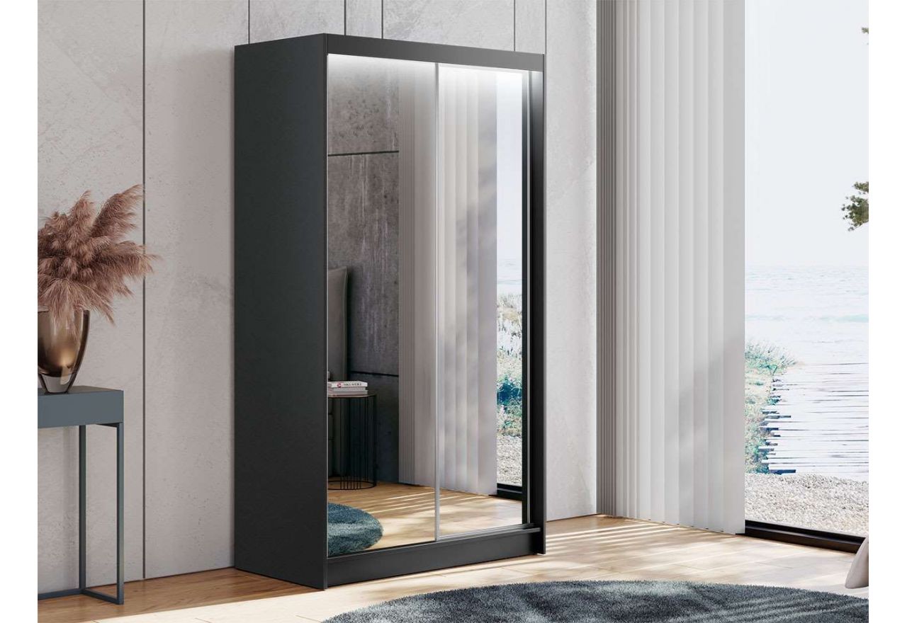 Dwudrzwiowa szafa przesuwna z czarnym, matowym korpusem i lustrami na frontach, DUBROWNIK 120 cm