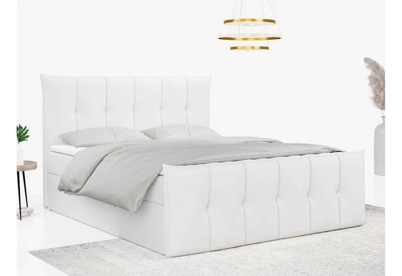 Białe łóżko kontynentalne z pikowanym wezgłowiem i przodkiem, PREMIUM 11 z pojemnikiem na pościel, 120x200 w białej ecoskórze