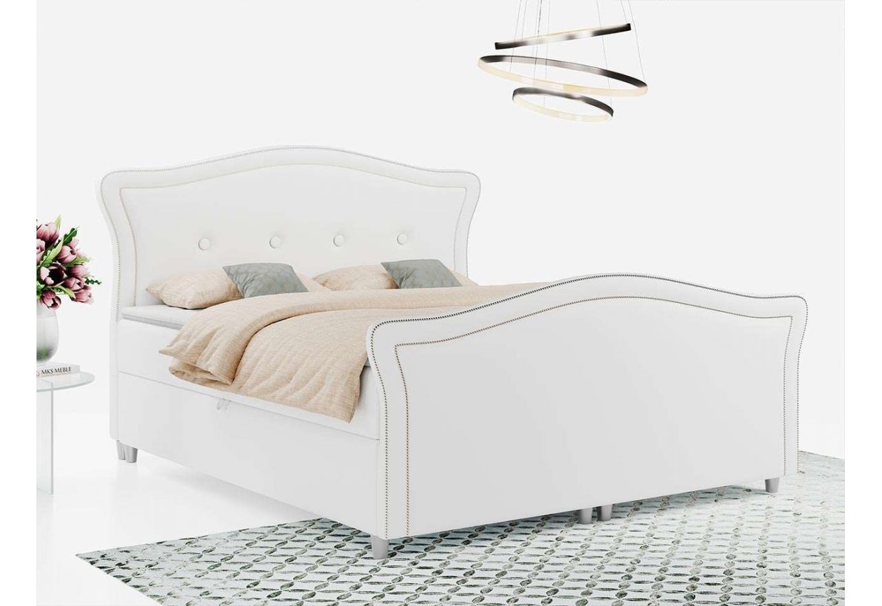 Stylowe łóżko kontynentalne z wysokim wezgłowiem i przodkiem, AGAT LUX w białej ecoskórze i z cekinami ozdobnymi, 140x200