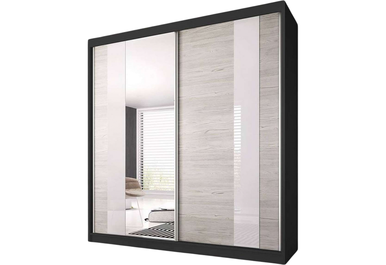 Pojemna szafa 233 cm do pokoju i sypialni z lustrem na froncie - TILUM 32 Czarny / Kathult / szkło białe / lustro