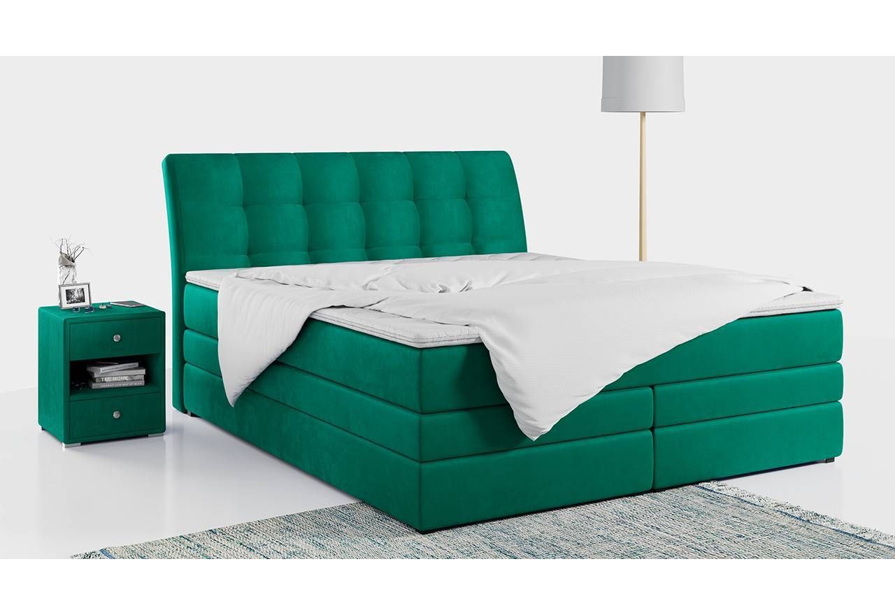 Butelkowozielone dwuosobowe łóżko kontynentalne do dużej sypialni, GOLD 10 - KING, welurowe, 200x200