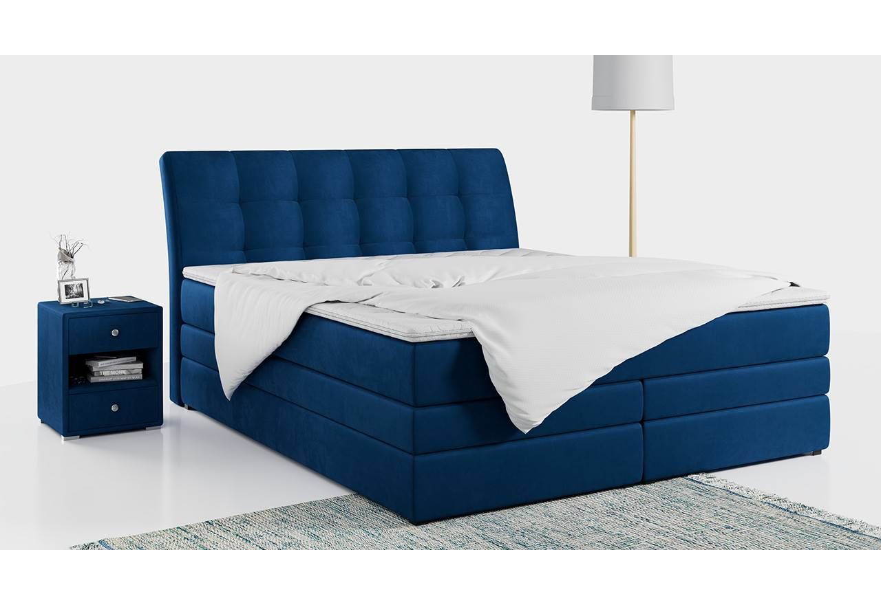Granatowe łóżko kontynentalne, dwuosobowe, z welwetową tapicerką i pojemnikiem, GOLD 10 - KING, 200x200