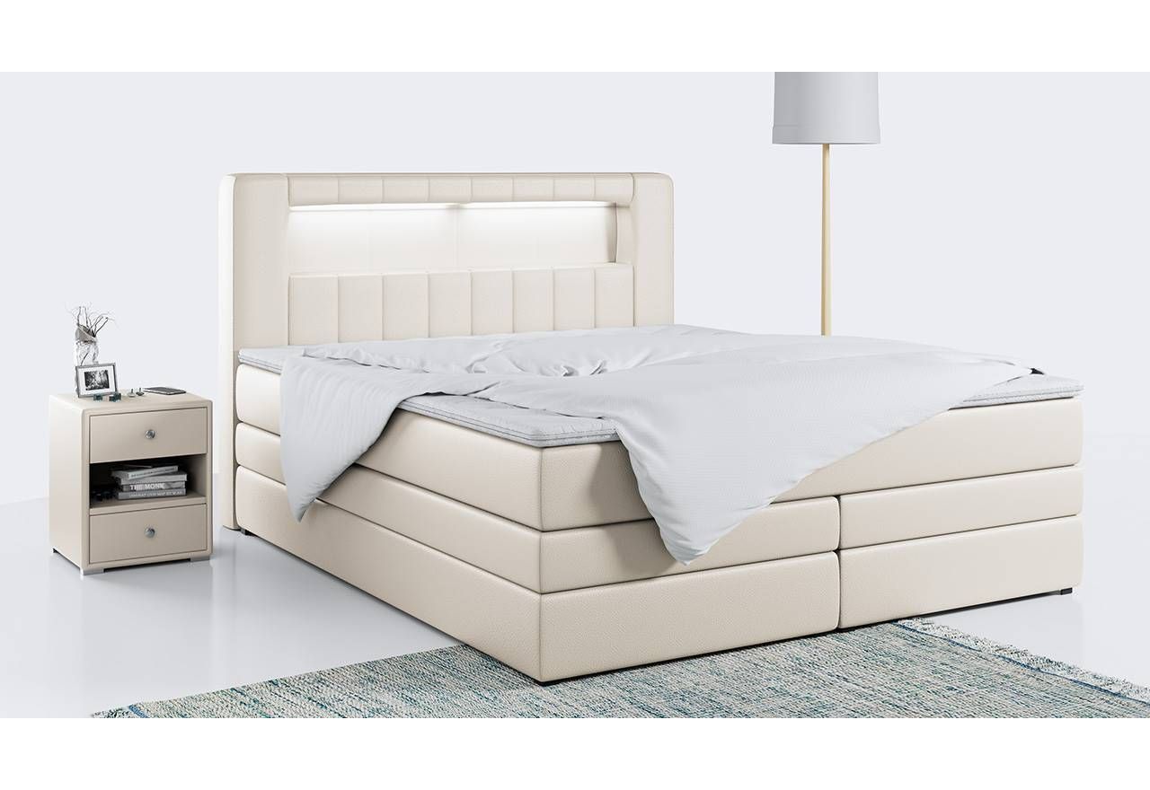 Duże łóżko kontynentalne do przestronnej sypialni, GOLD 5 - KING z oświetleniem LED, beżowa ecoskóra, 200x200