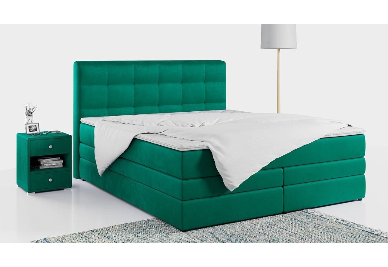 Welurowe łóżko kontynentalne w butelkowozielonym kolorze, LUKA - KING z wysokim, przeszywanym wezgłowiem, 200x200