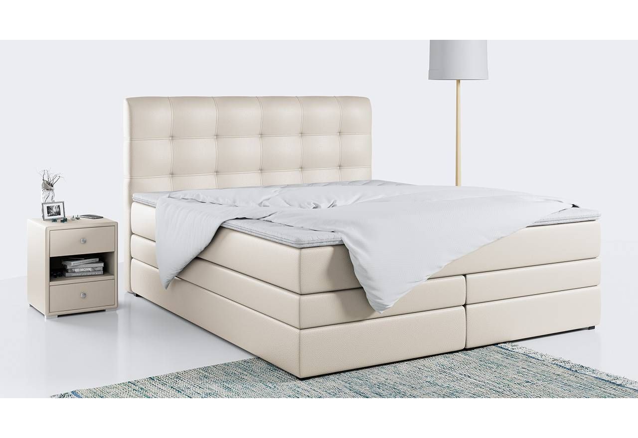 Stylowe, dwuosobowe łóżko kontynentalne w beżowej ecoskórze i z podwójnym materacem, ERNI - KING 200x200