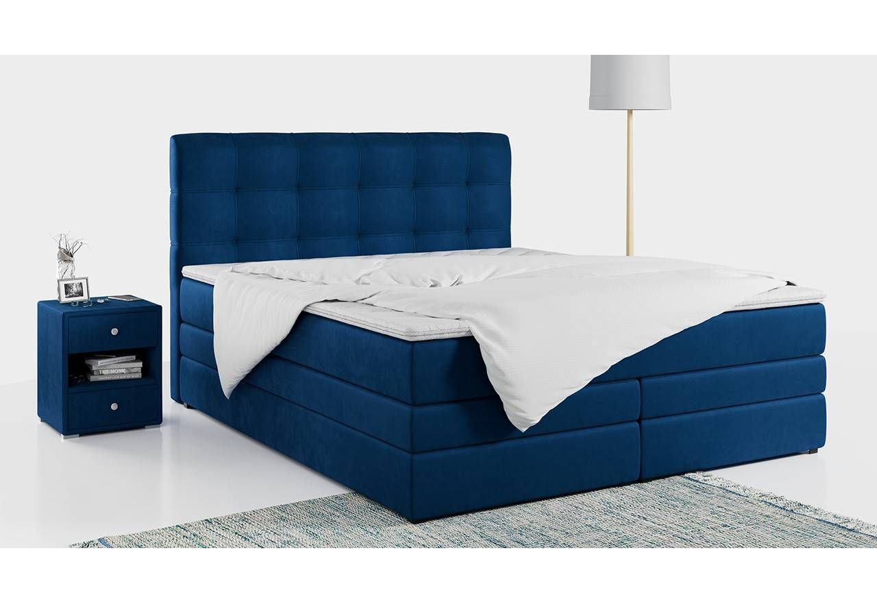 Granatowe łóżko kontynentalne w miękkiej, welwetowej tkaninie, ERNI - KING z dwoma materacami sprężynowymi, 200x200