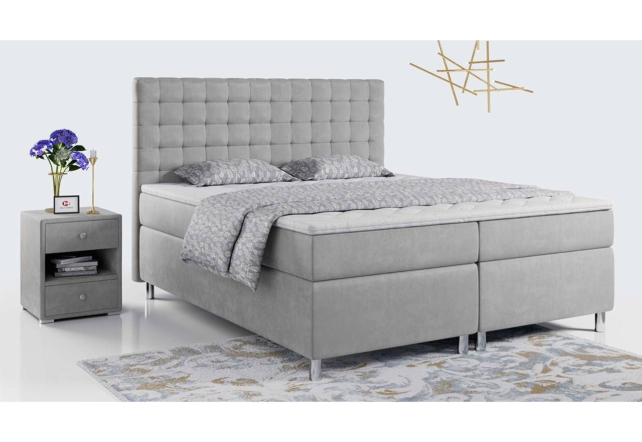 Duże, nowoczesne łóżko kontynentalne 180x200 z przeszywanym wezgłowiem - TALO jasny szary