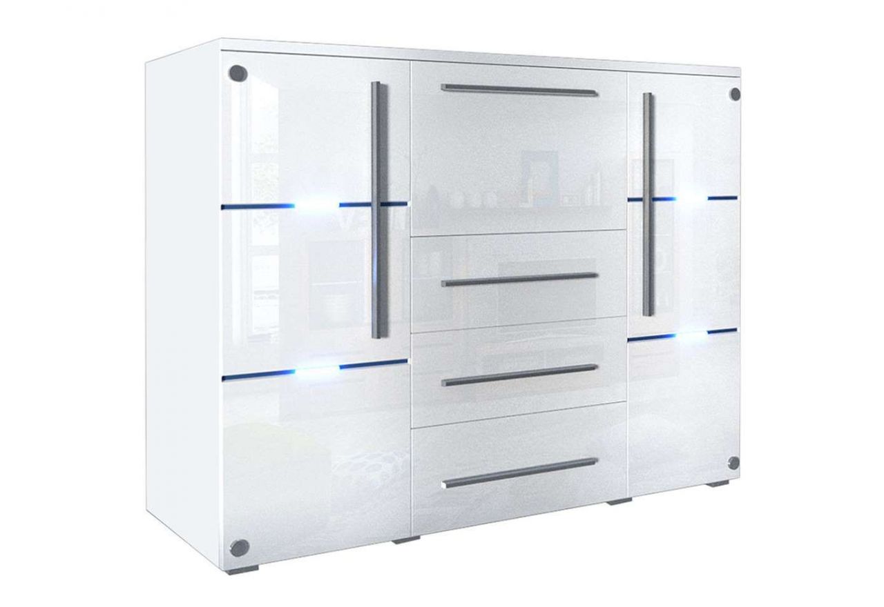 Elegancka i nowoczesna komoda dwudrzwiowa z oświetleniem LED do pokoju i salonu - BORA Biały / Biały połysk - OUTLET