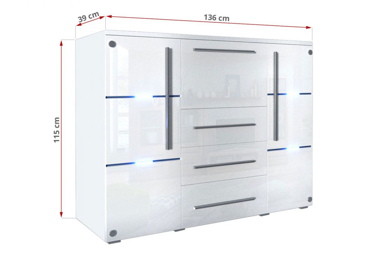 Elegancka i nowoczesna komoda dwudrzwiowa z oświetleniem LED do pokoju i salonu - BORA Biały / Biały połysk - OUTLET