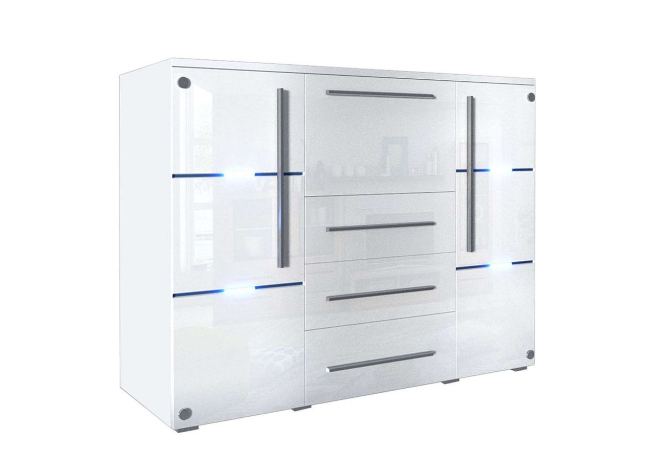 Elegancka i nowoczesna komoda dwudrzwiowa z oświetleniem LED do pokoju i salonu - BORA Biały / Biały połysk - OUTLET