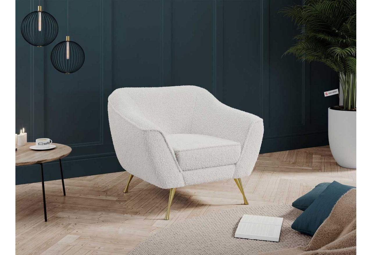Jednoosobowy fotel wypoczynkowy w nowoczesnym stylu BUKLI 01 obity białą pętelkową tkaniną