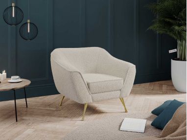 Beżowy fotel do salonu, jednoosobowy BUKLI 01 na złotych nogach i z pętelkową tapicerką