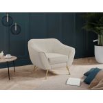 Beżowy fotel do salonu, jednoosobowy BUKLI 01 na złotych nogach i z pętelkową tapicerką