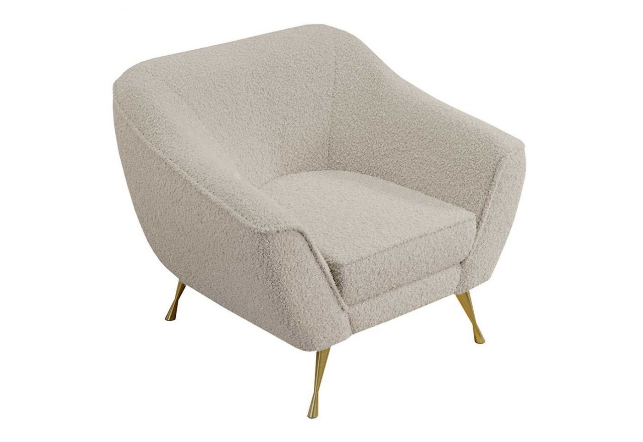 Beżowy fotel do salonu, jednoosobowy BUKLI 01 na złotych nogach i z pętelkową tapicerką