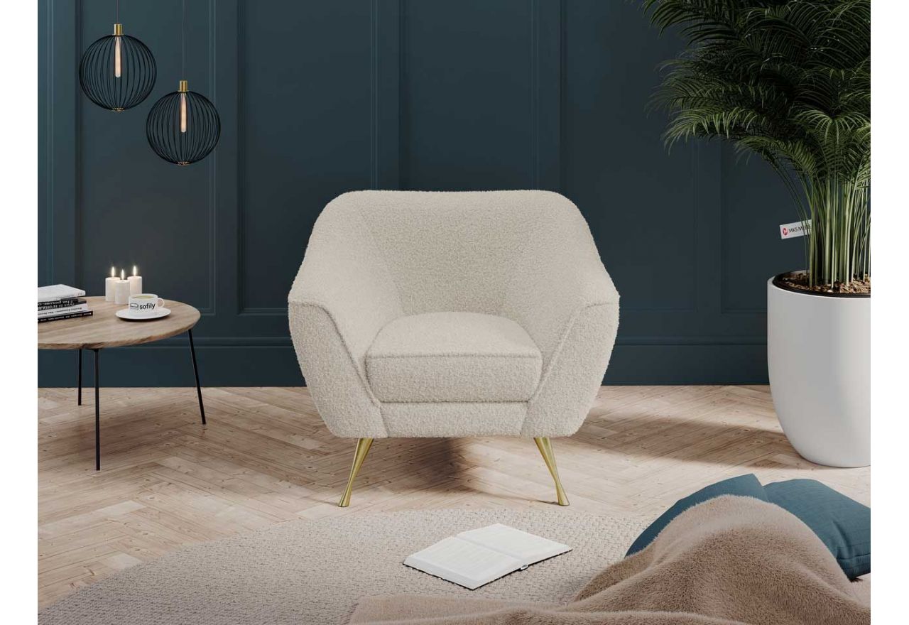 Beżowy fotel do salonu, jednoosobowy BUKLI 01 na złotych nogach i z pętelkową tapicerką