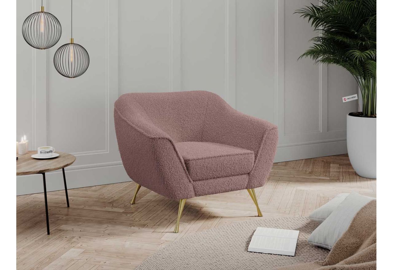 Stylowy, różowy fotel jednoosobowy, kubełkowy, BUKLI 01 w miękkim pętelkowym tapicerowaniu, wolnostojący