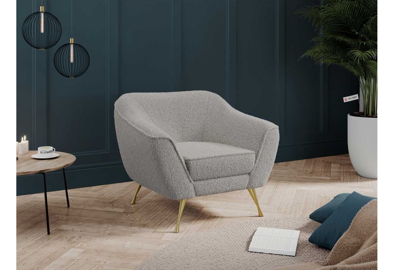 Jasnoszary fotel tapicerowany pętelkową tkaniną i wyposażony w miękkie, sprężynowe siedzisko, BUKLI 01