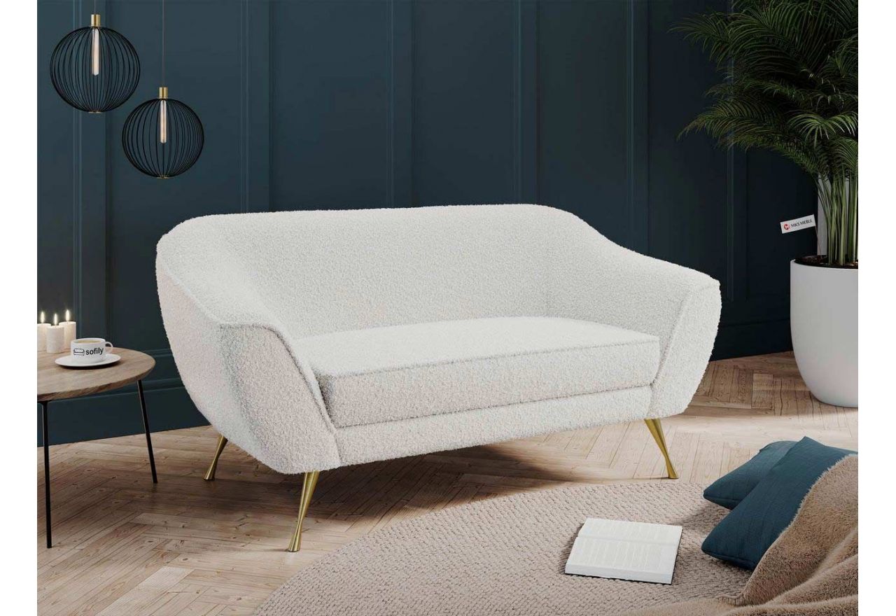 Dwuosobowa biała sofa w tkaninie pętelkowej i z wysokimi, smukłymi nogami, BUKLI 02