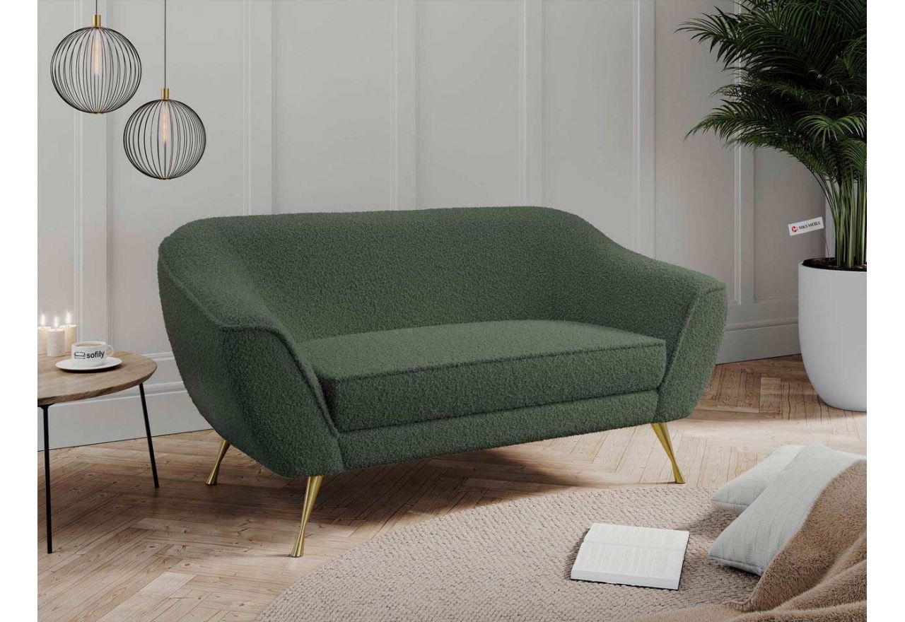 Zielona, wypoczynkowa sofa BUKLI 02, wolnostojąca w pętelkowej tkaninie boucle