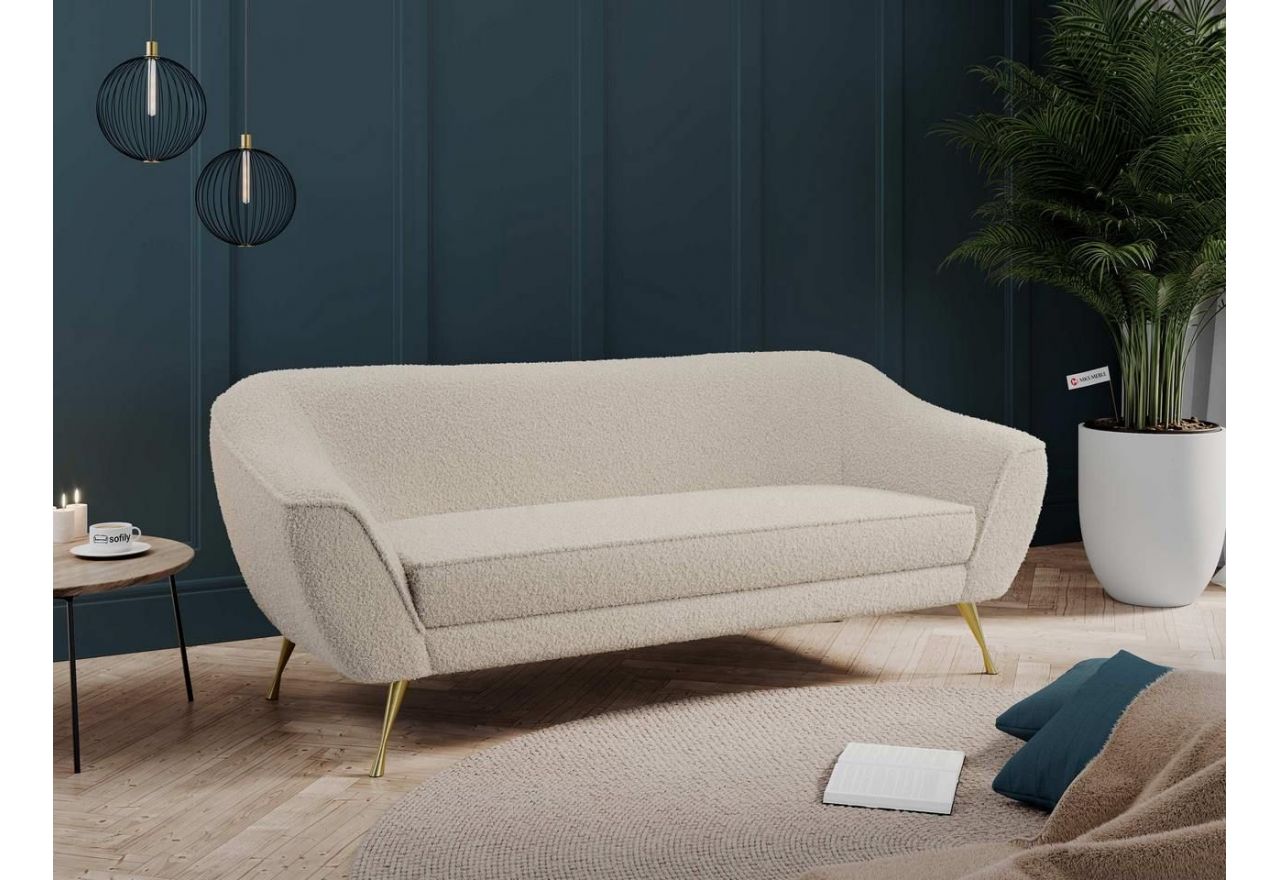 Beżowa kanapa wypoczynkowa z pętelkową tapicerką i metalowymi, złotymi nogami, BUKLI 03