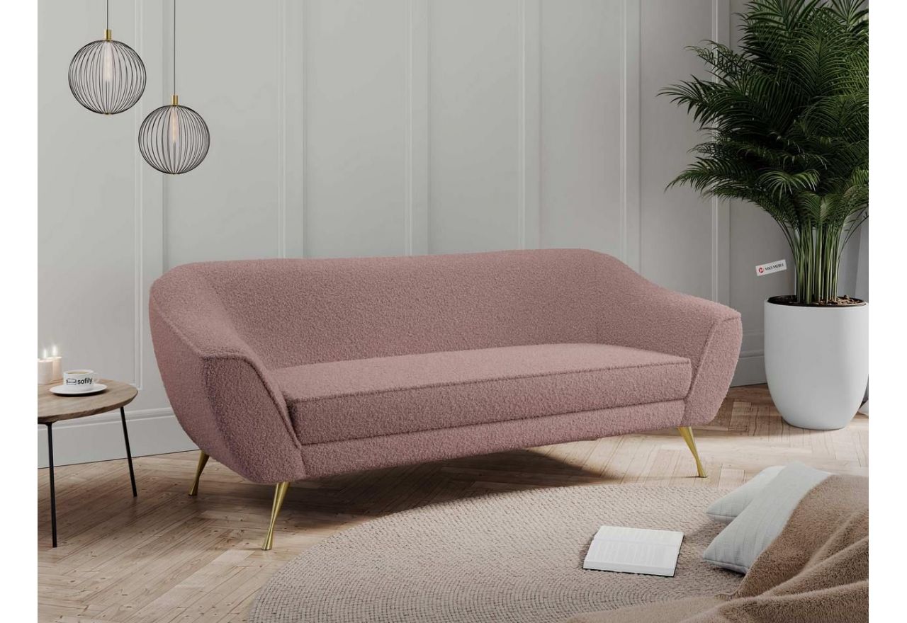 Wolnostojąca sofa różowa w pętelkowej tkaninie, BUKLI 03 ze złotymi nogami, trzyosobowa