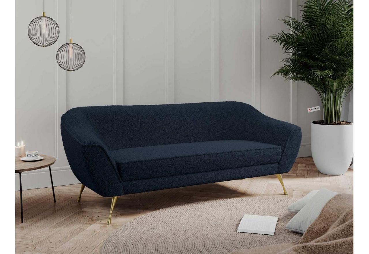 Granatowa sofa trzyosobowa ze sprężynowym siedziskiem i metalowymi nogami, BUKLI 03 w pętelkowej tkaninie