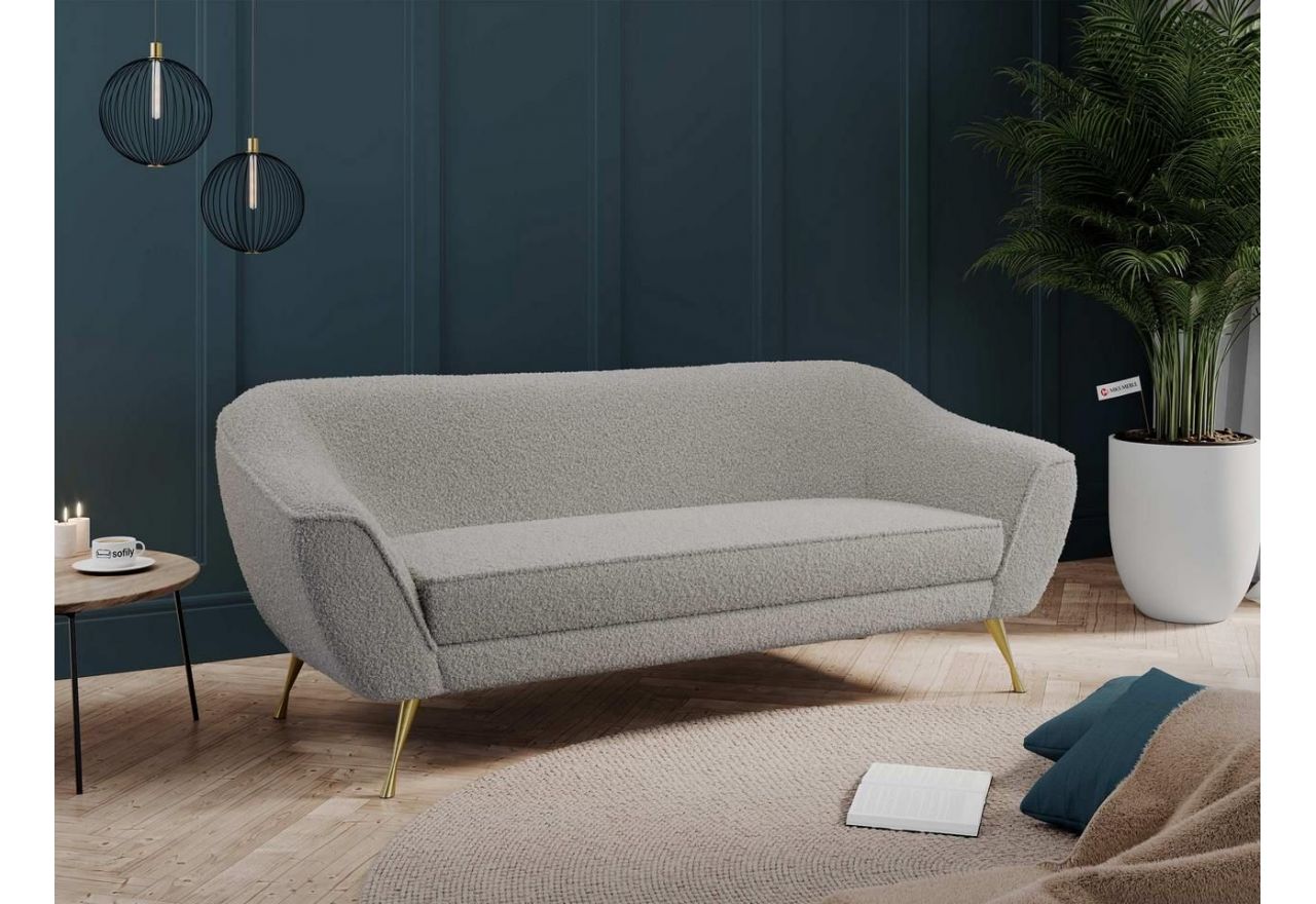 Jasnoszara sofa wypoczynkowa z miękkim oparciem i pętelkową tapicerką, BUKLI 03 na metalowych, wysokich nogach