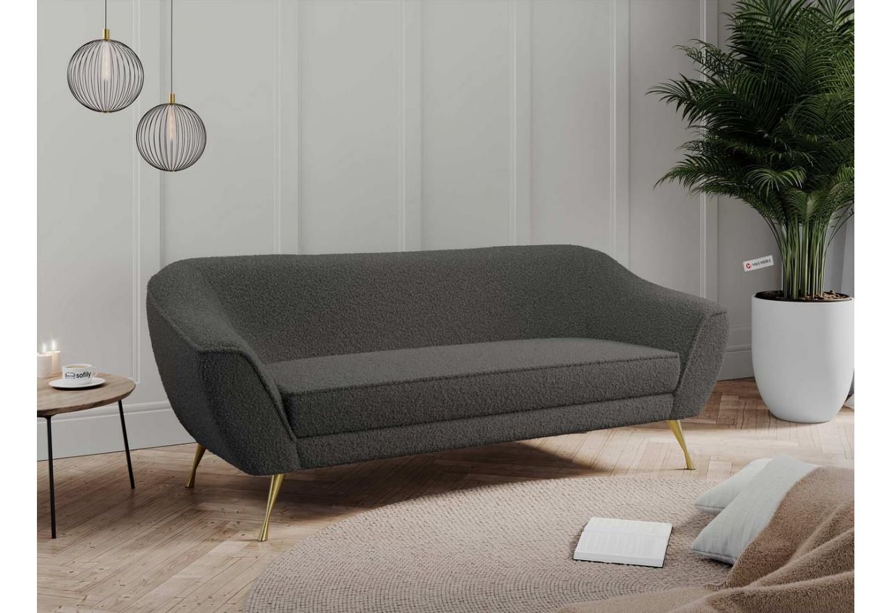 Nowoczesna sofa wypoczynkowa, wolnostojąca, trzyosobowa, BUKLI 03 w ciemnoszarej tkaninie typu boucle