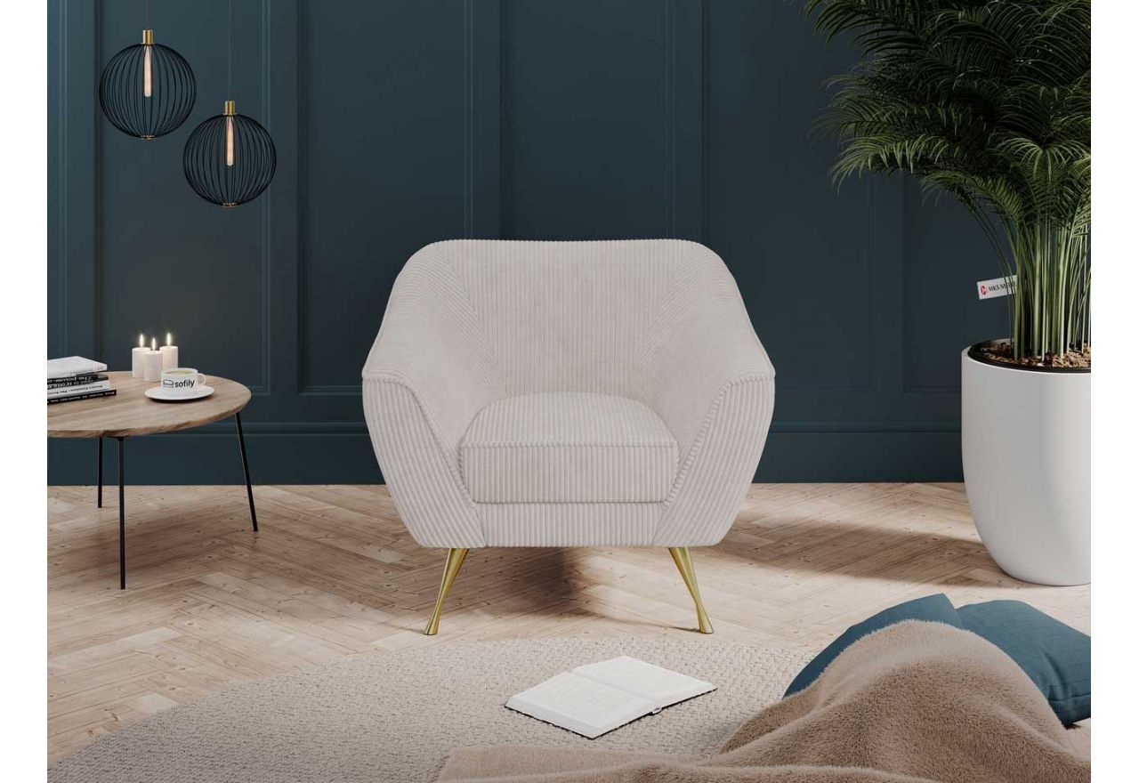 Miękki i wygodny fotel wypoczynkowy LINO 01 z szerokimi podłokietnikami i w białej sztruksowej tkaninie