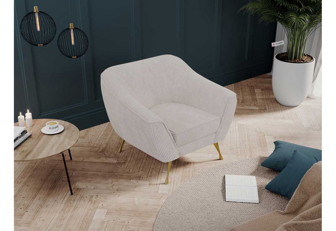 Miękki i wygodny fotel wypoczynkowy LINO 01 z szerokimi podłokietnikami i w białej sztruksowej tkaninie