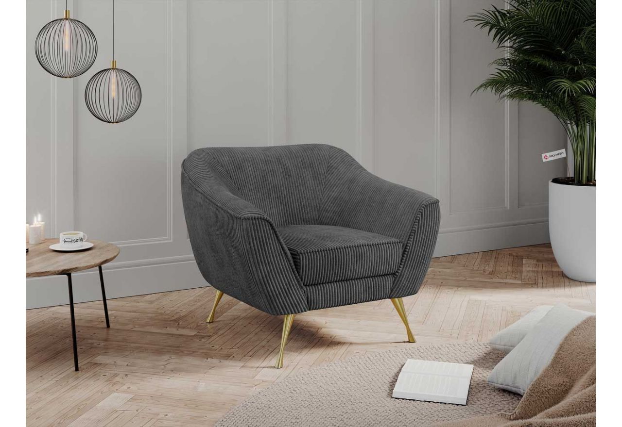 Nowoczesny szary fotel w sztruksowej tapicerce i z wysokimi, metalowymi nogami, LINO 01