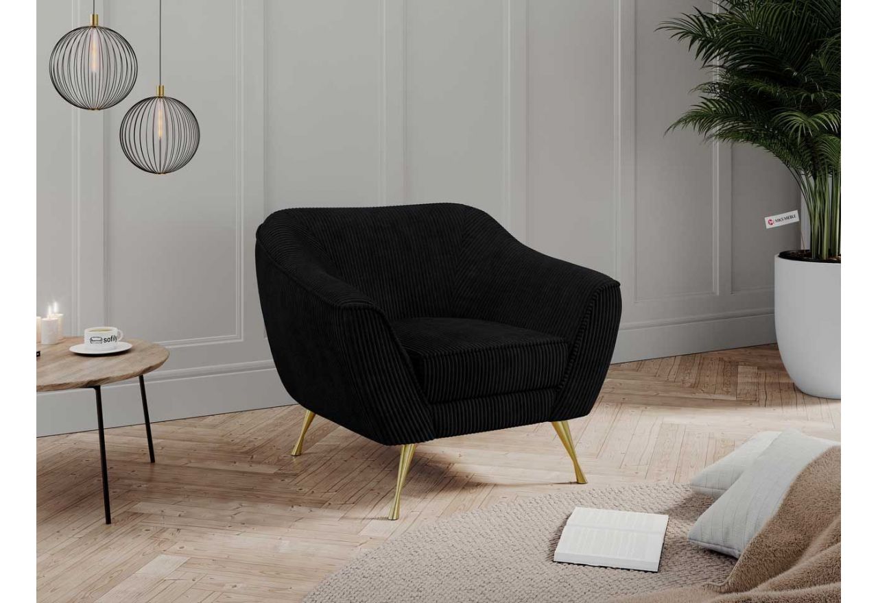 Modny, czarny fotel kubełkowy ze sztruksową tapicerką i sprężynowym siedziskiem, LINO 01